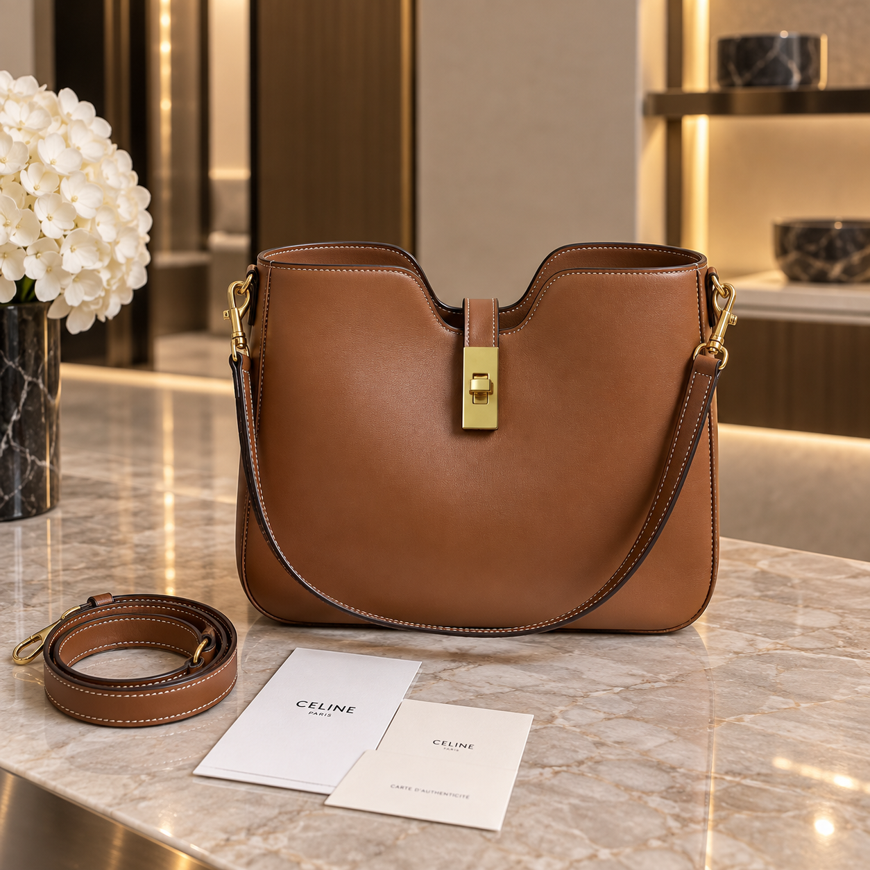 Celine bolsa de hombro piel lisa tan con cierre giratorio dorado
