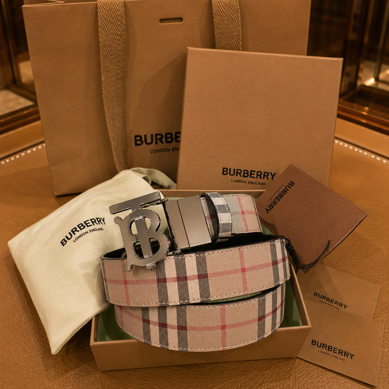 Burberry cinturón reversible Check beige placa TB dorada