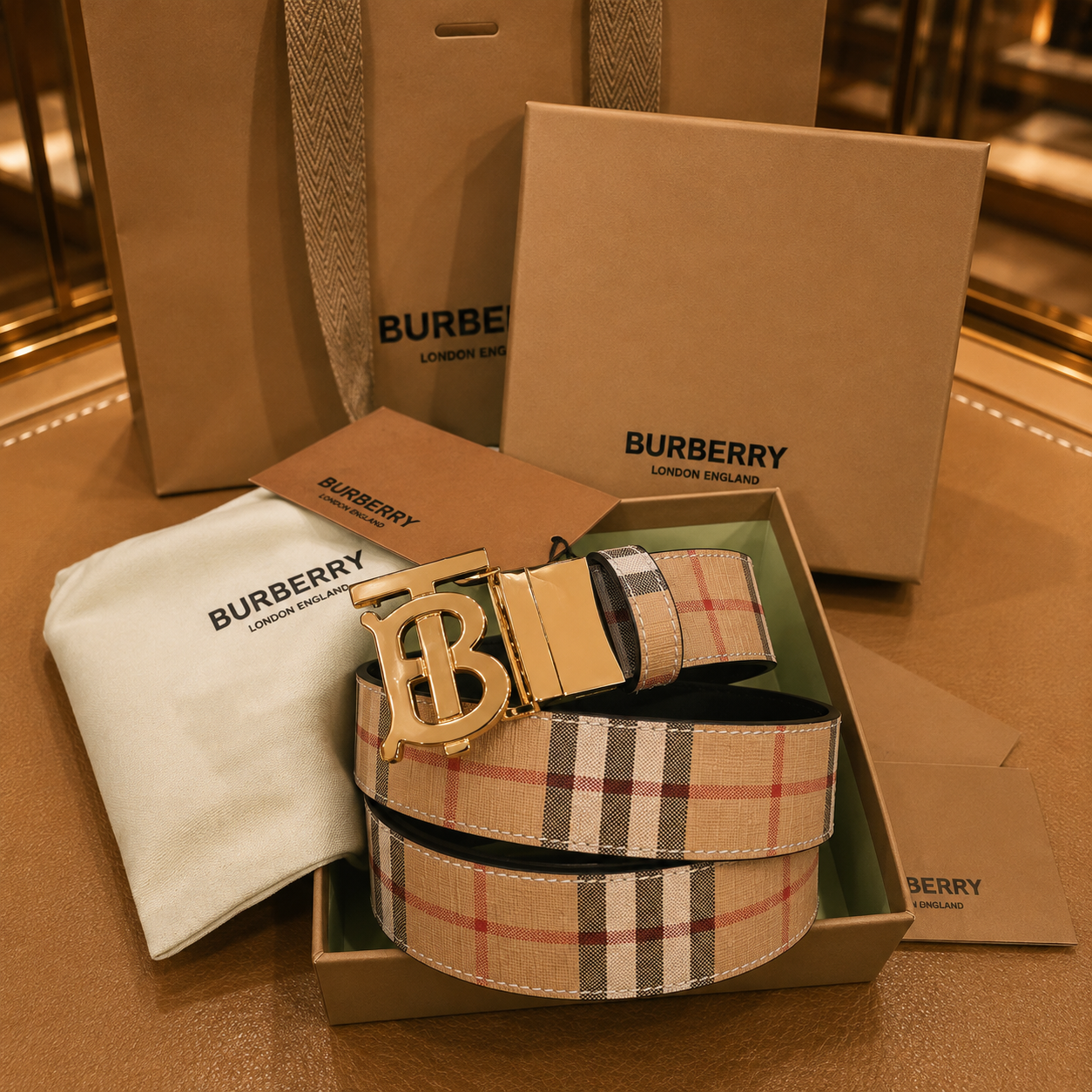 Burberry cinturón reversible Check beige placa TB plateada