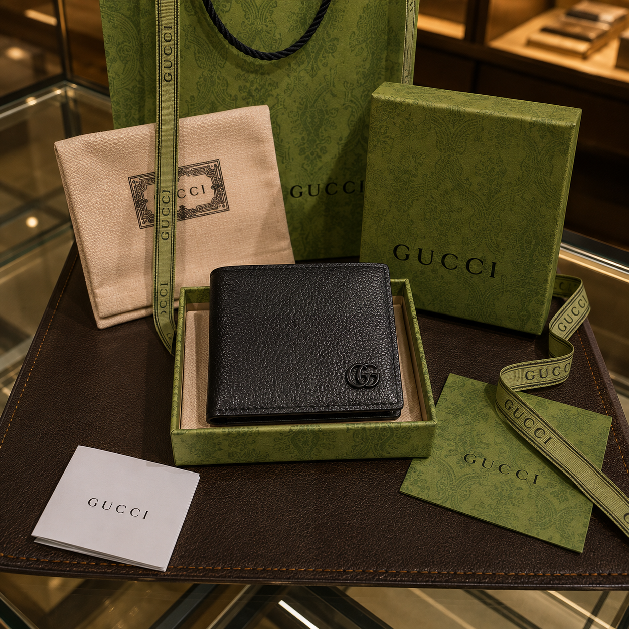 Gucci cartera piel granulada negra con doble G metalica