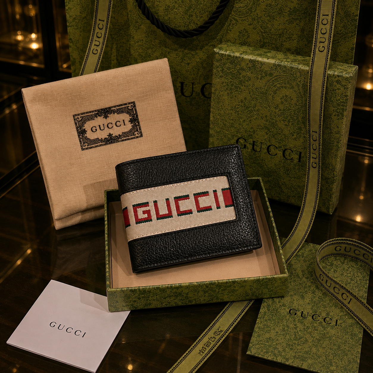 Gucci cartera piel granulada negra con banda logotipo GUCCI