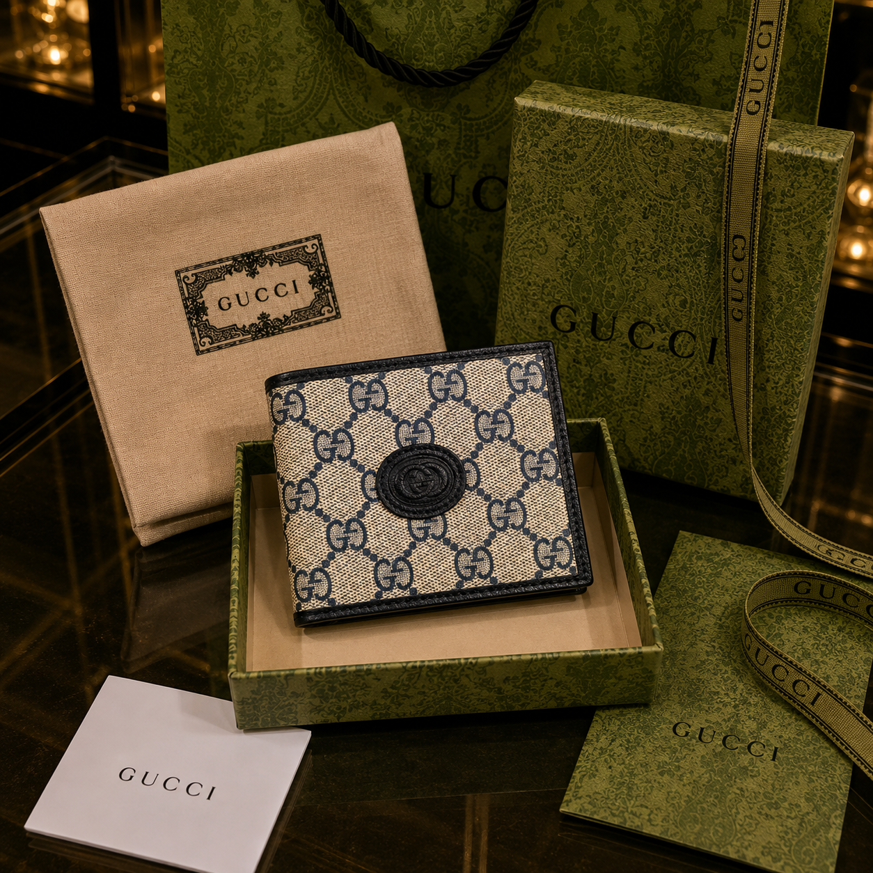 Gucci cartera lona GG Supreme azul con emblema Interlocking G