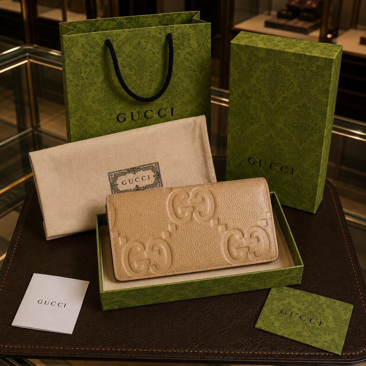 Gucci cartera larga Jumbo GG piel camel