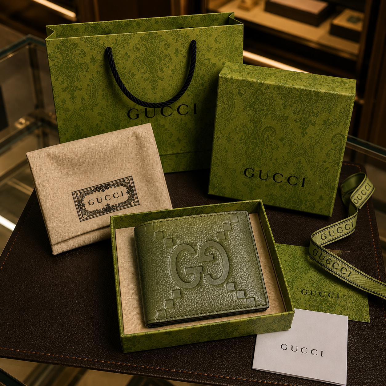 Gucci cartera piel granulada verde con relieve Jumbo GG