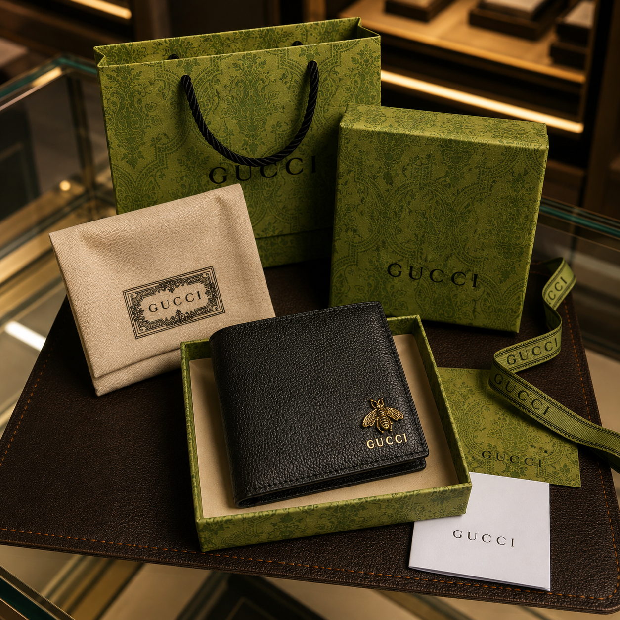 Gucci cartera piel granulada negra con abeja dorada