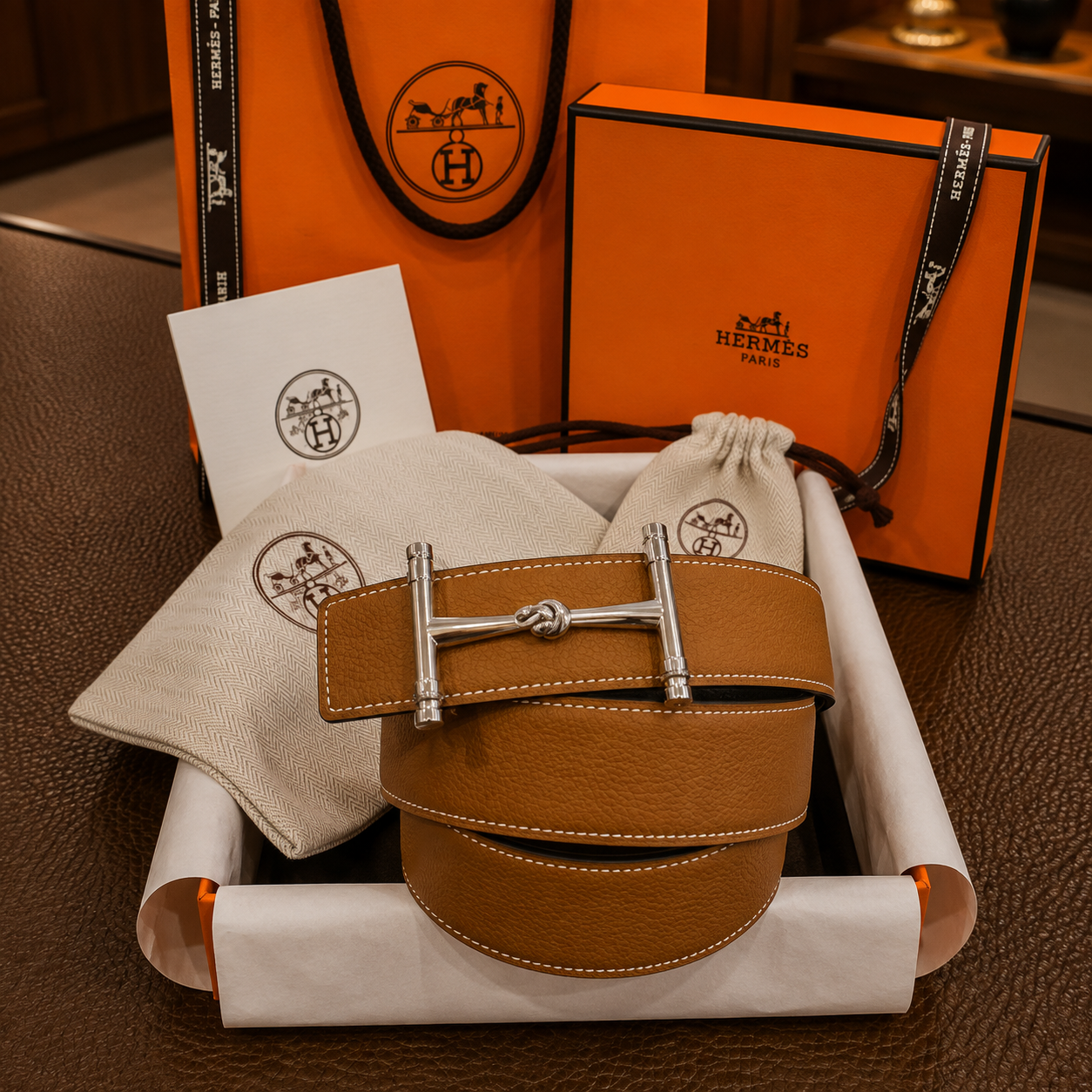 Hermès cinturón reversible piel granulada camel y azul aguamarina hebilla rectangular plateada