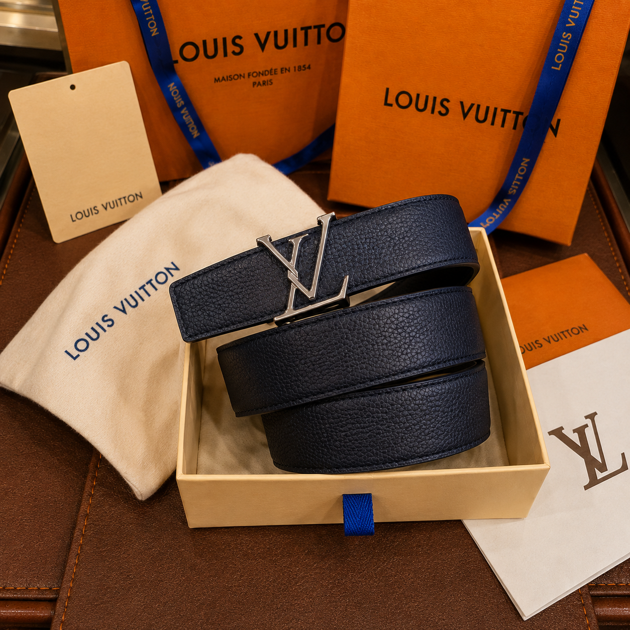 Louis Vuitton cinturón reversible Taurillon azul marino
