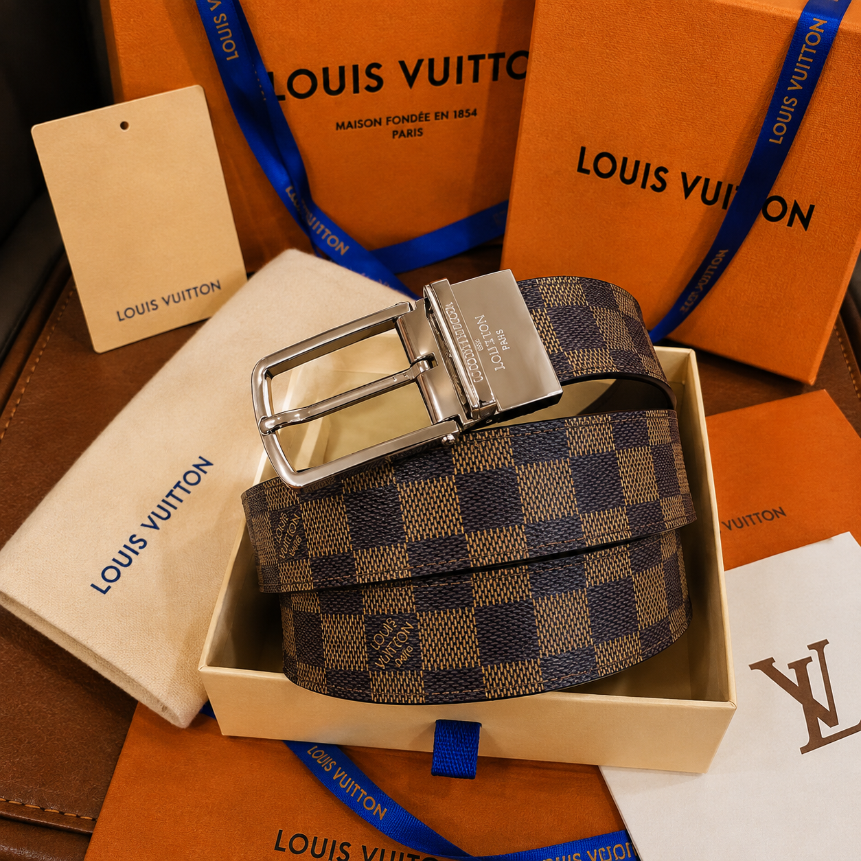 Louis Vuitton cinturón reversible Damier Ebene