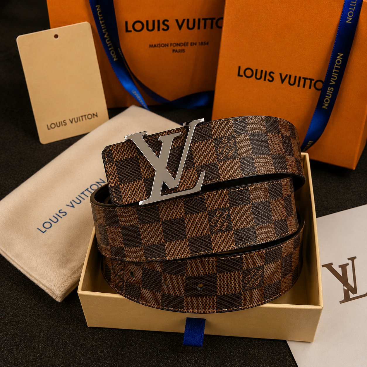 Louis Vuitton cinturón reversible Damier Ebene placa LV Initiales plateada