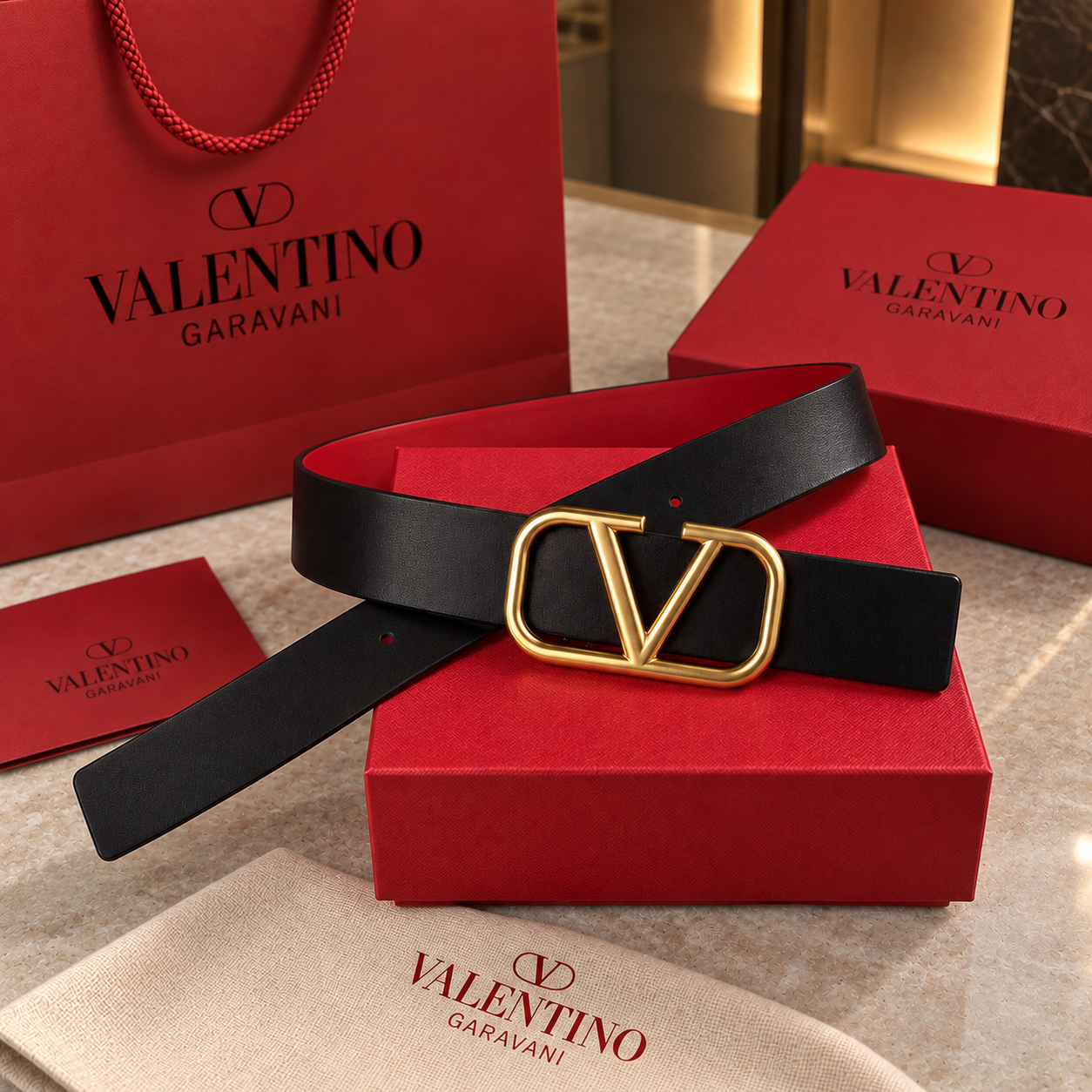 Valentino cinturón VLogo Signature reversible camel y negro hebilla rutenio negro