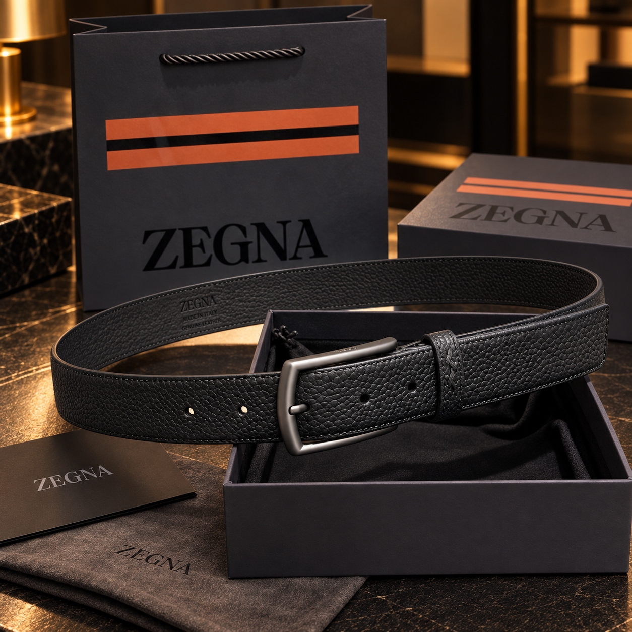 Zegna cinturón Triple Stitch ante negro hebilla plateada