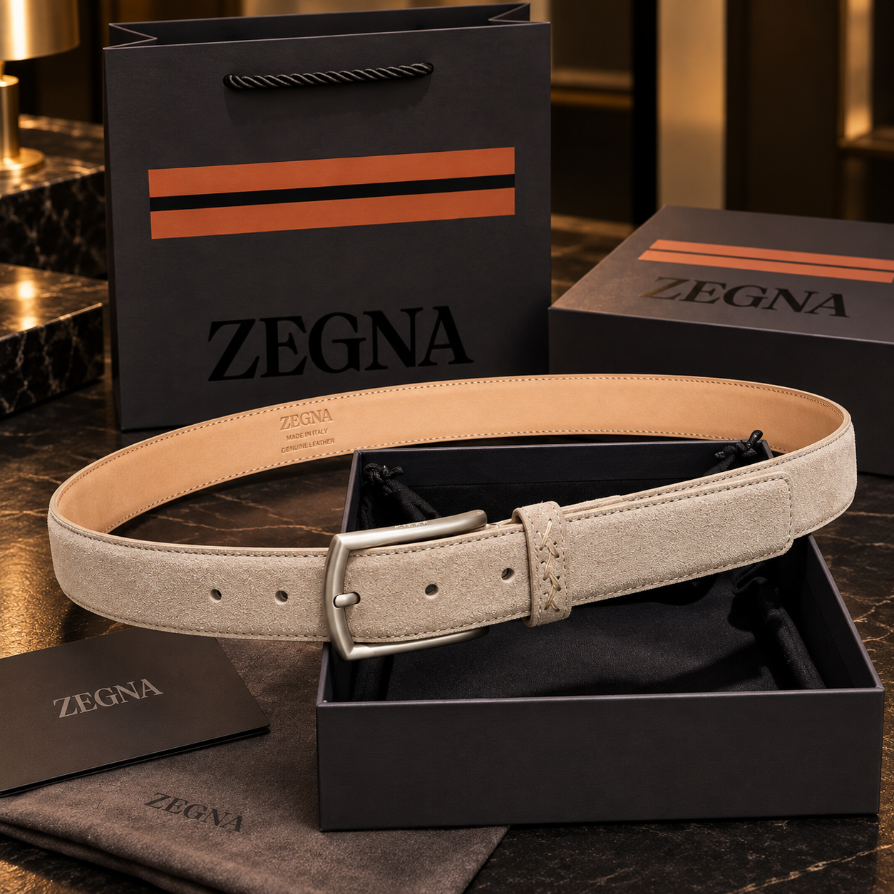 Zegna cinturón Triple Stitch ante arena hebilla plateada