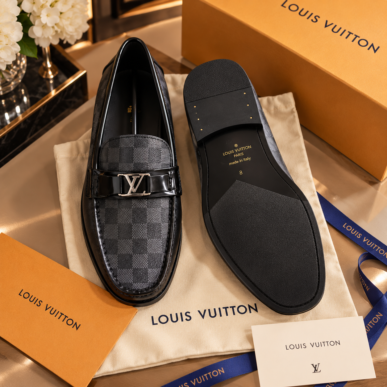 Louis Vuitton mocasín piel negra con antifaz Damier Graphite