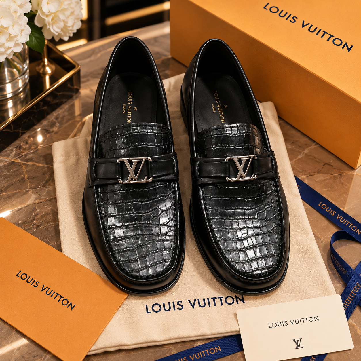 Louis Vuitton mocasín piel negra con grabado de cocodrilo