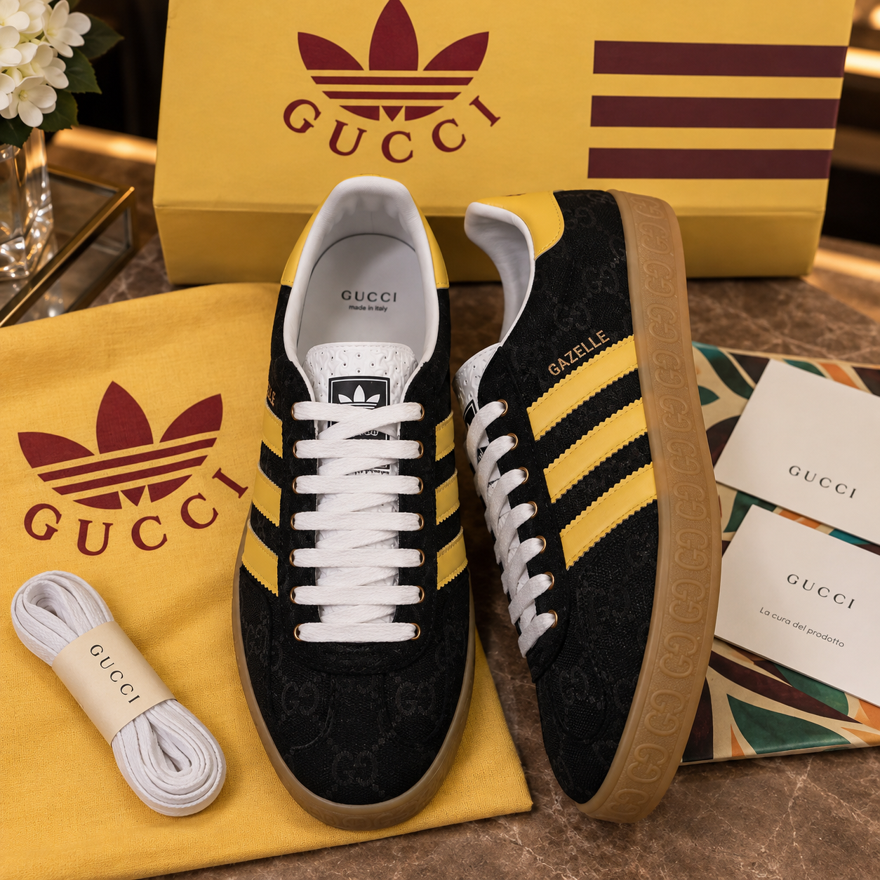 Gucci x adidas tenis Gazelle lona GG negra y amarilla
