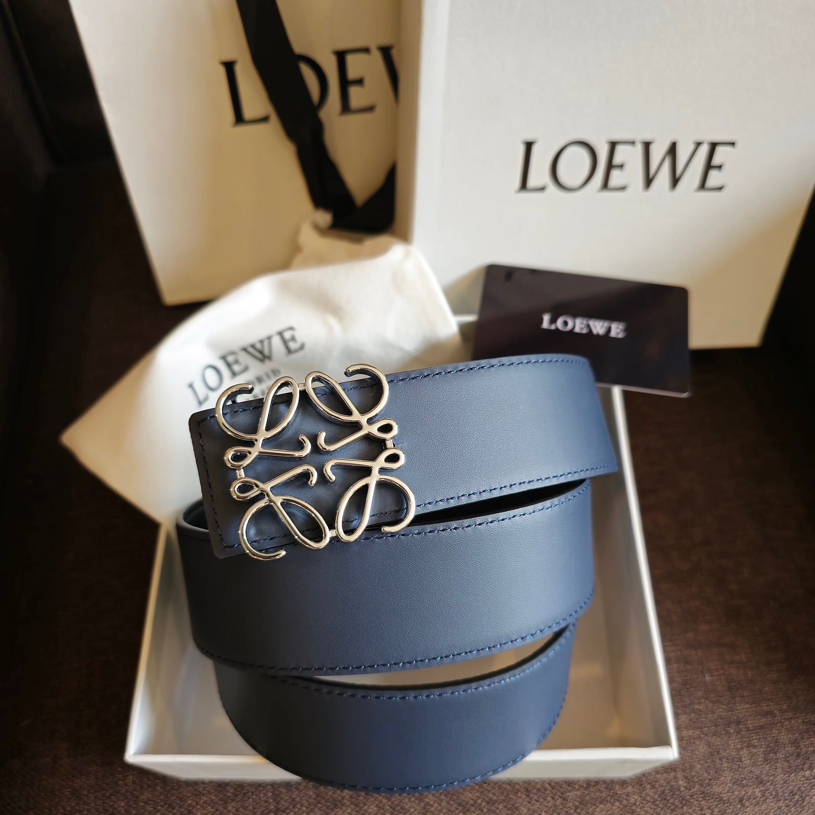 Loewe cinturón Anagrama reversible azul y negro hebilla plateada