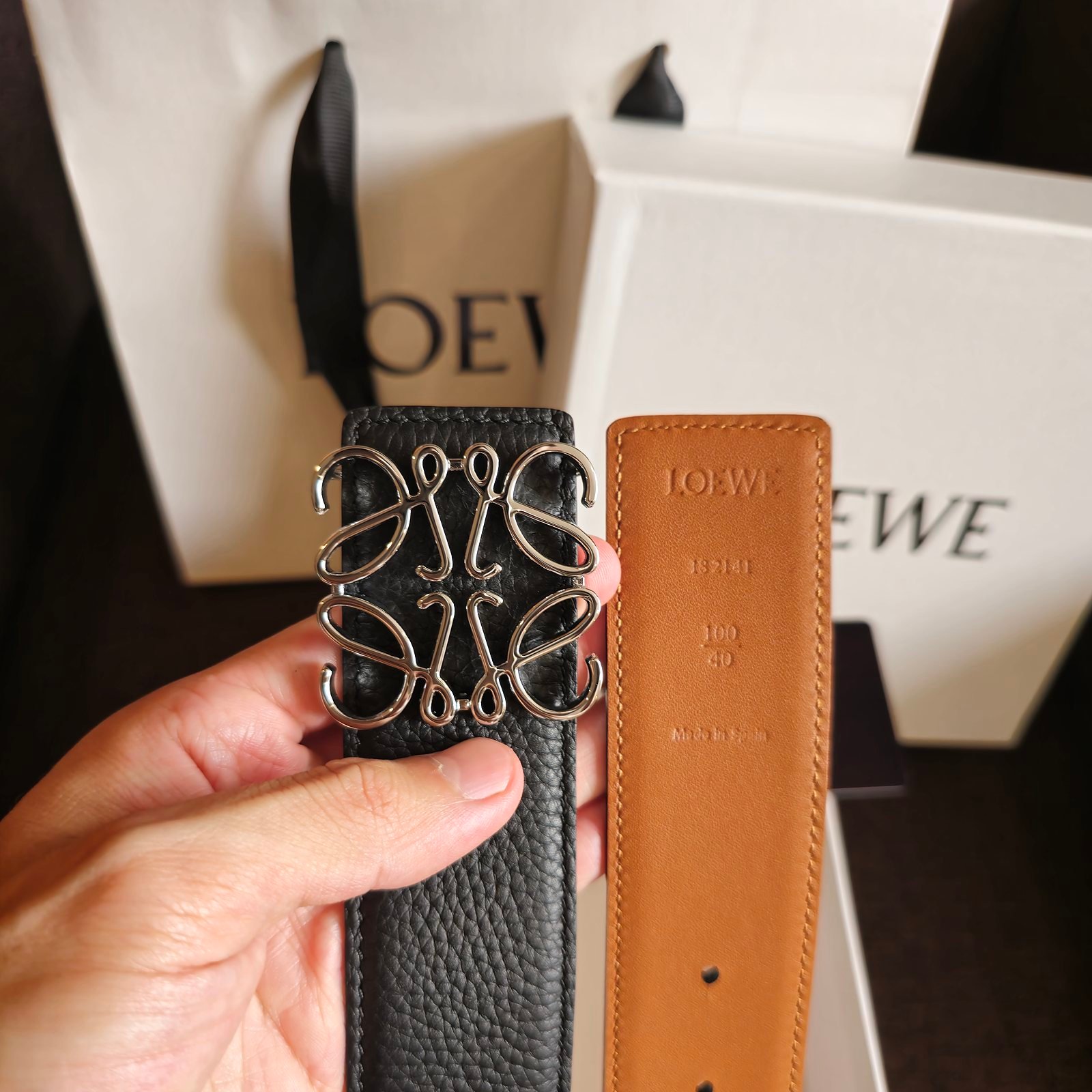 Loewe cinturón Anagrama reversible negro y avellana hebilla plateada - Imagen 2
