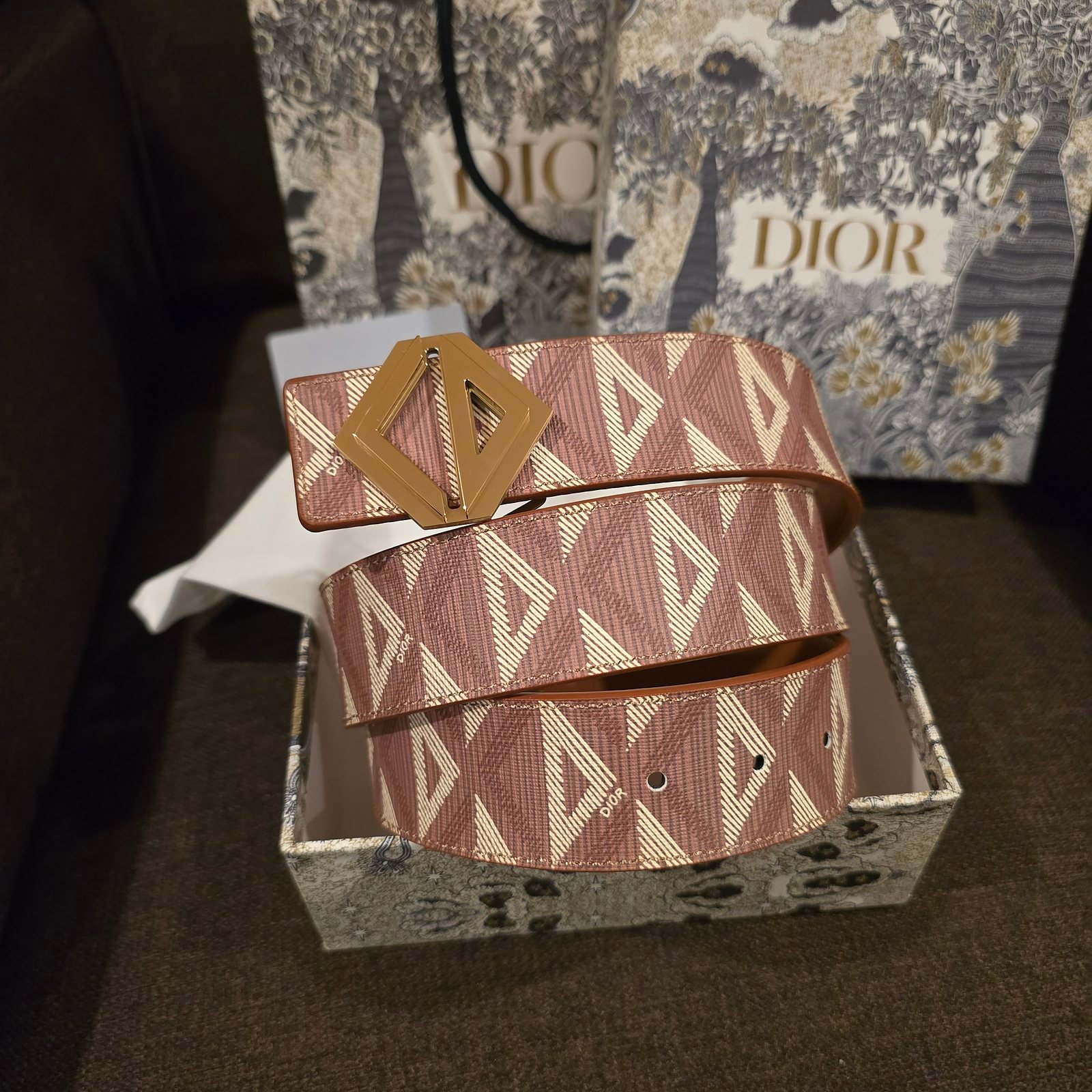 Dior cinturón reversible lona CD Diamond beige hebilla CD Diamond dorada