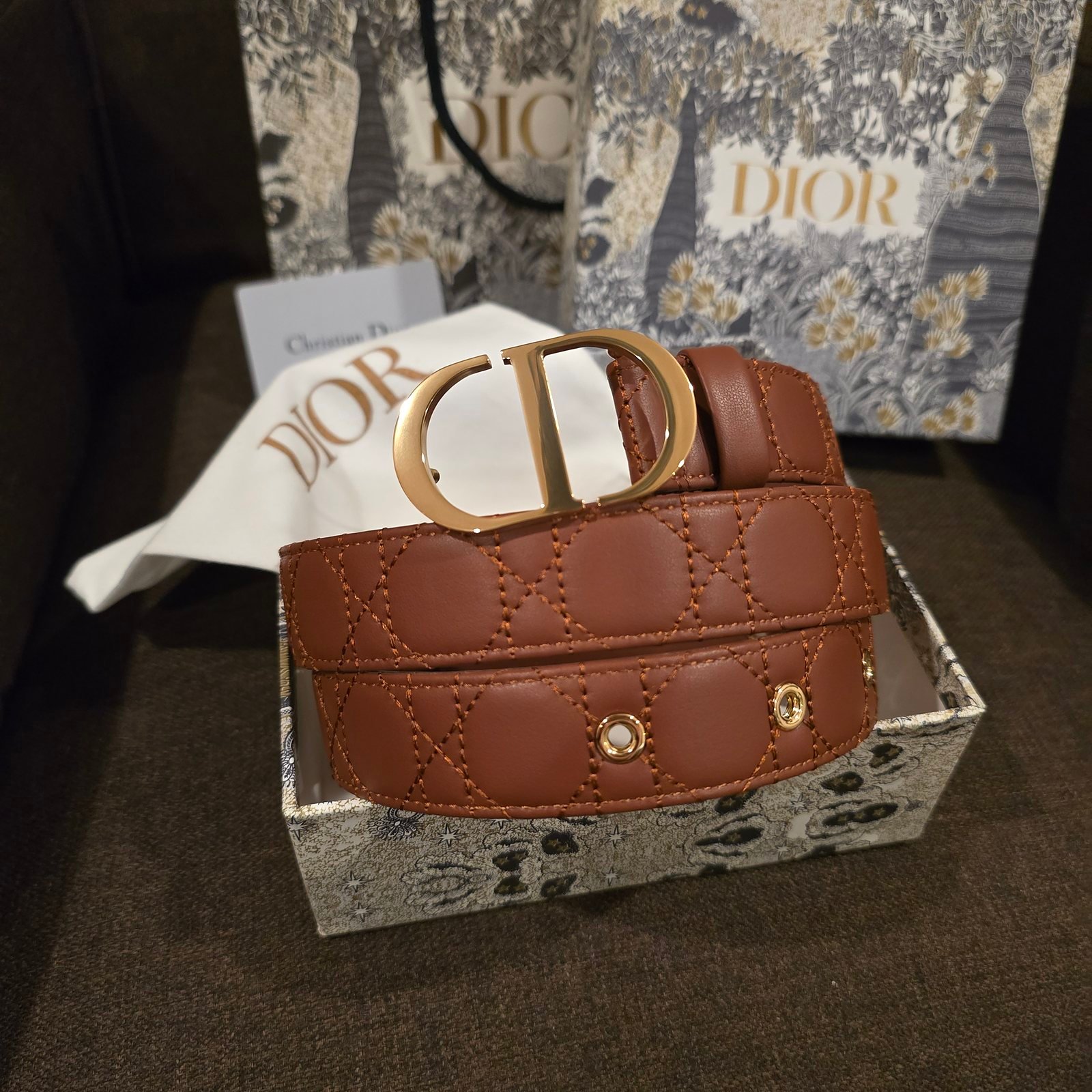Dior cinturón piel Cannage café hebilla CD dorada