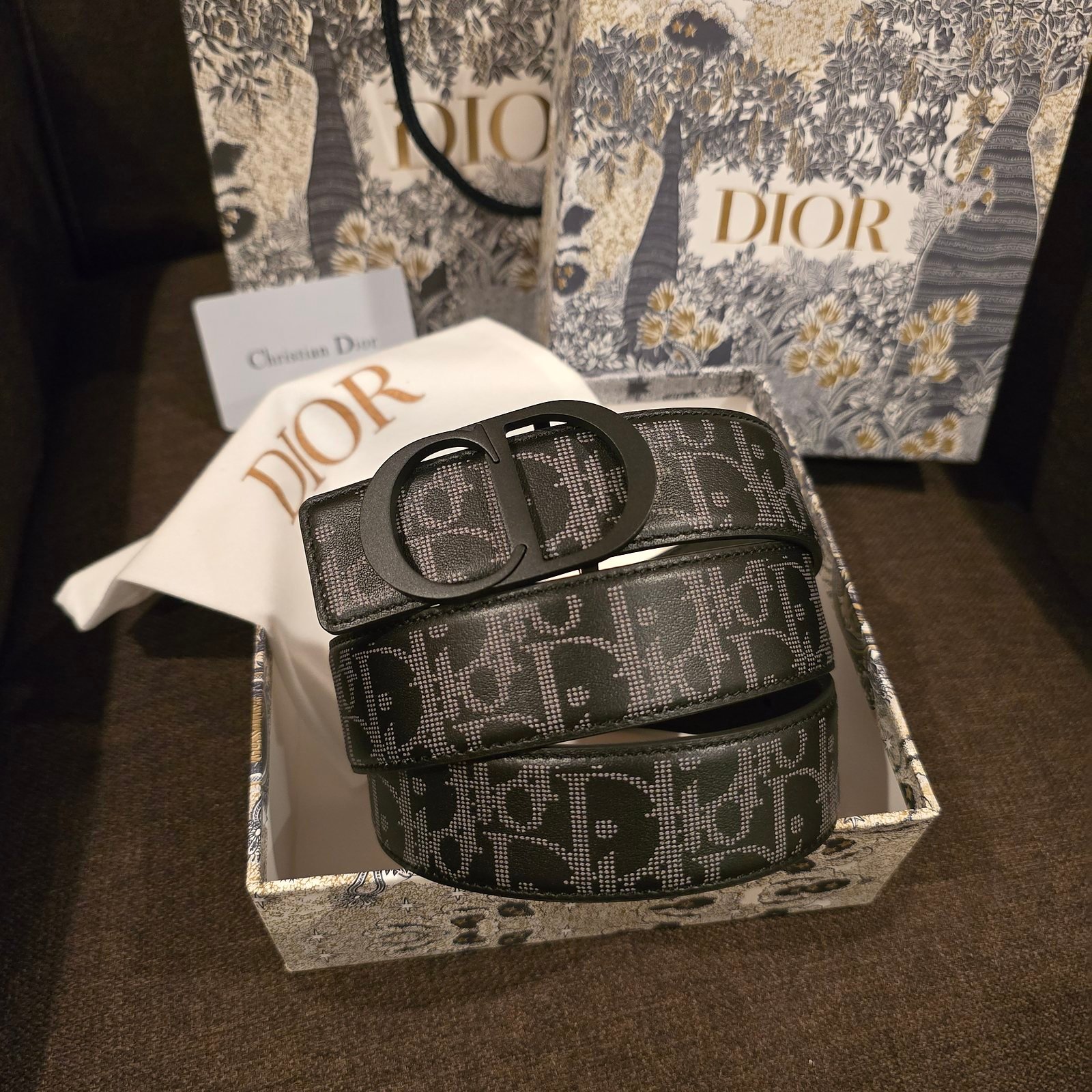 Dior cinturón reversible lona Oblique negra hebilla CD negra mate